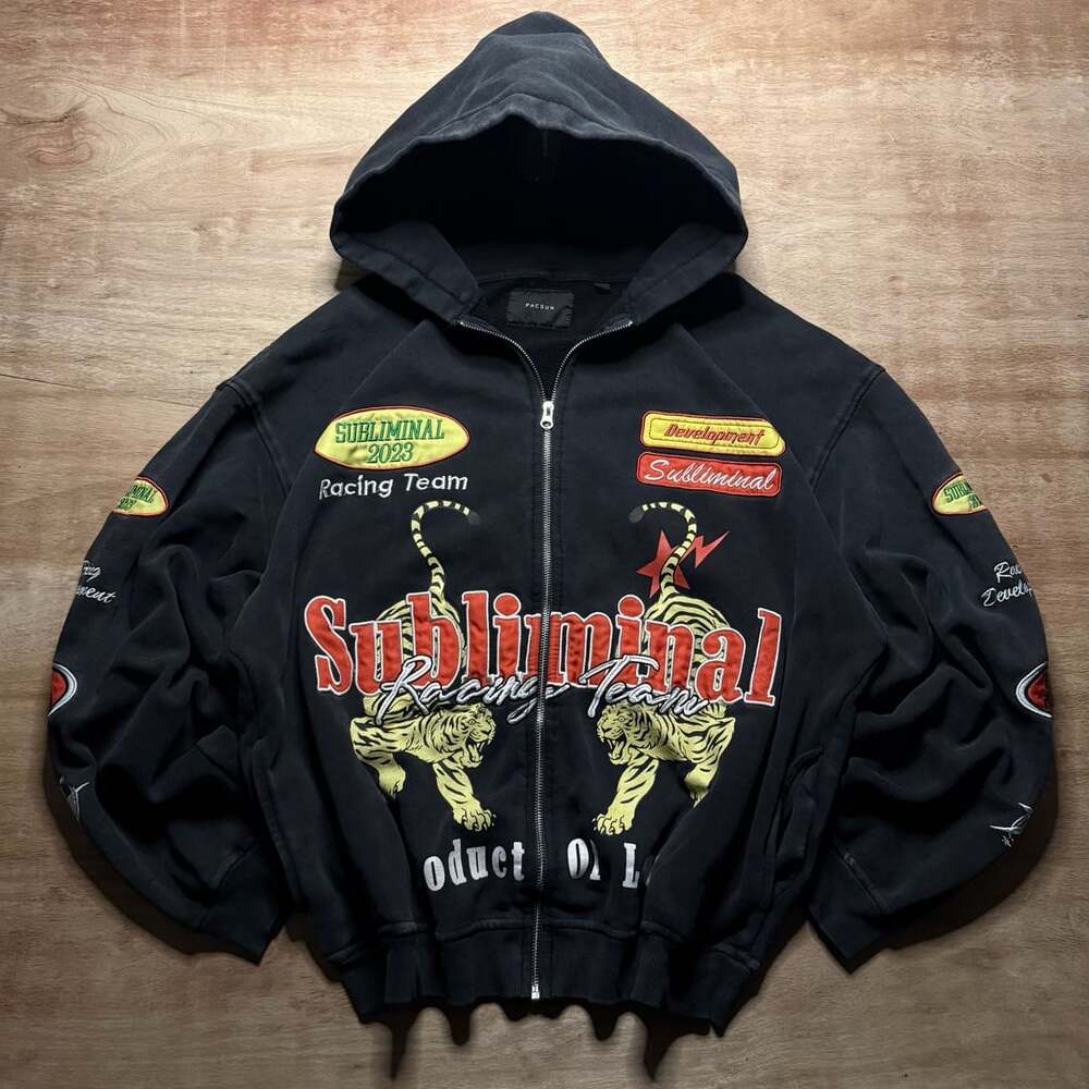PacSun Subliminal Racing Team XL Full Zip Hoodie Tiger Embroidered Streetwear